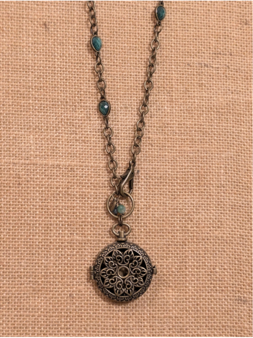 Handcrafted Boho Essential Oil Diffuser Antiqued Brass Chain Locket Necklace